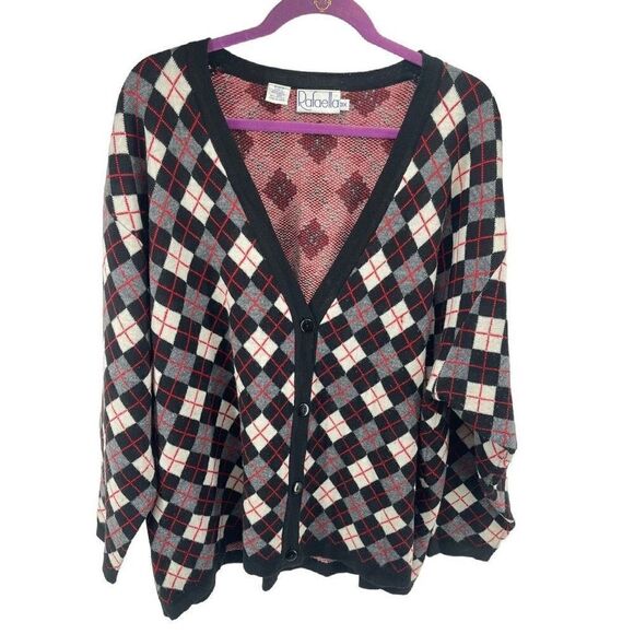 Rafaella Womens Cardigan Sweater Check Button Merino Wool Acrylic Black Red 3X - Picture 1 of 8